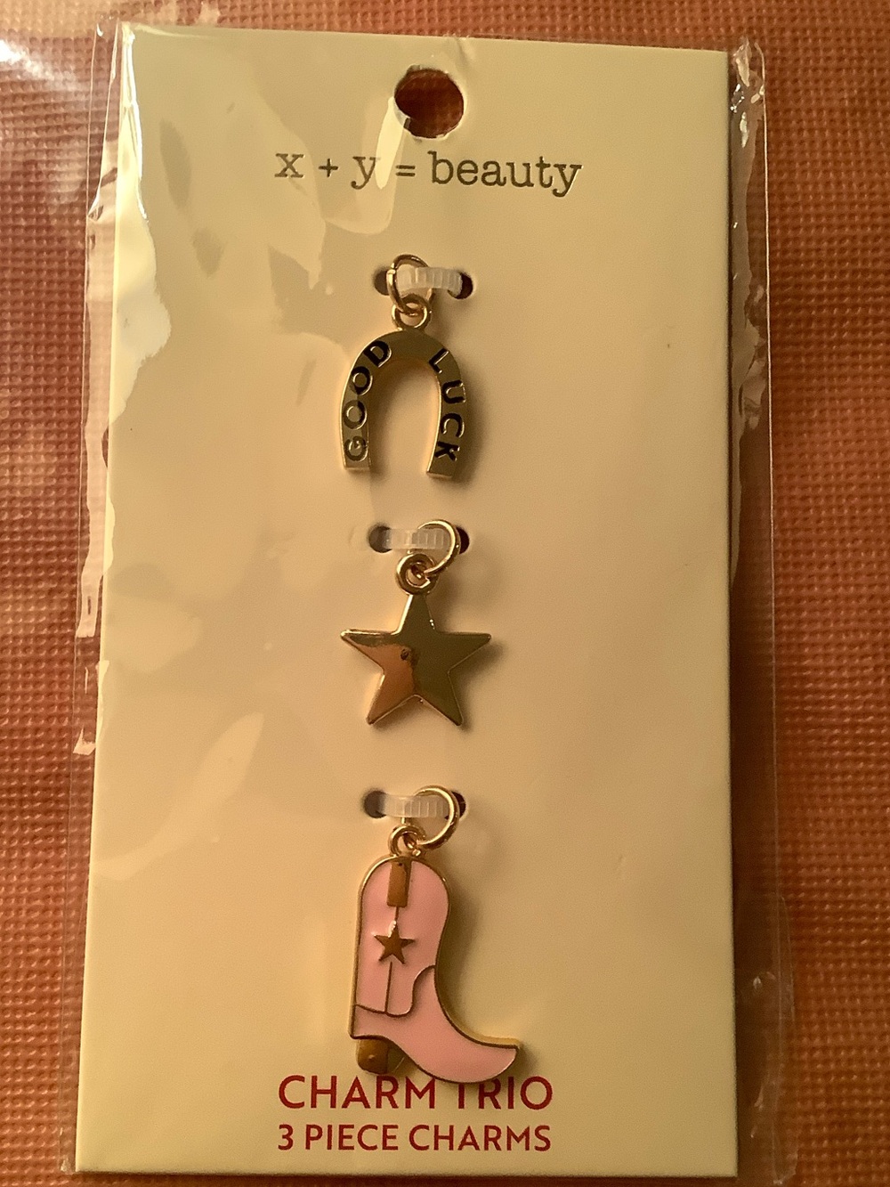 Charm Trio Bracelet Charms - Gold & Pink Good Luck Horseshoe, Star, Boot